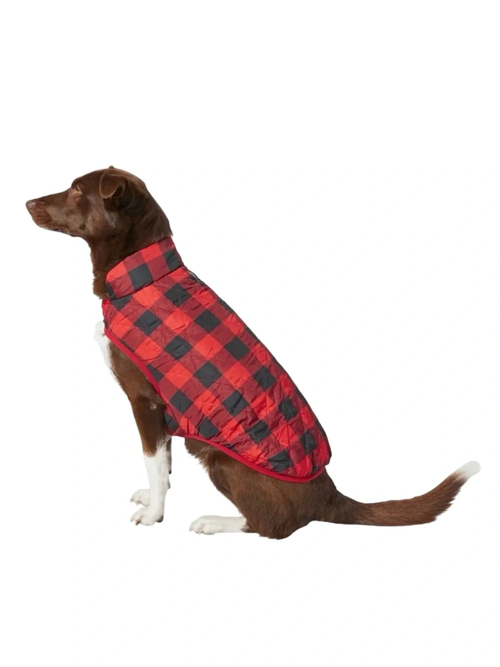 Frisco Lightweight Quilted Dog Jacket in red and black buffalo plaid L